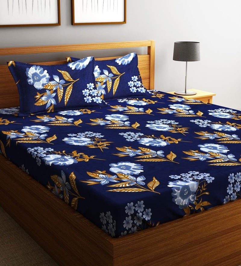 Fashion String 144TC Floral Lush Dark Blue Double Bedsheet with 2 Pillow Covers - Image 1