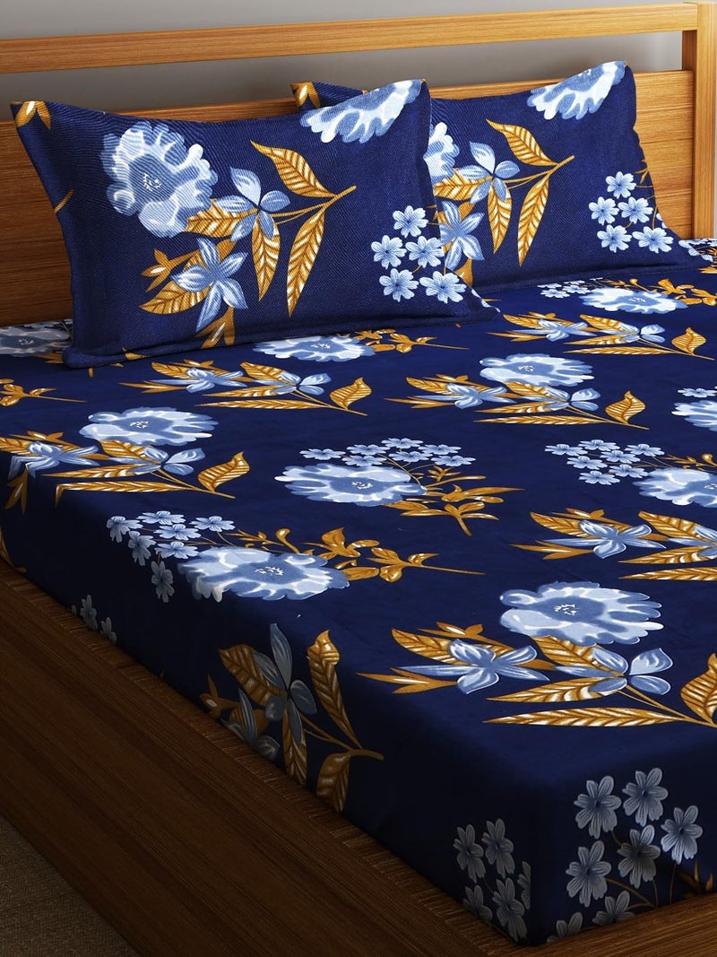 Fashion String 144TC Floral Lush Dark Blue Double Bedsheet with 2 Pillow Covers - Image 3
