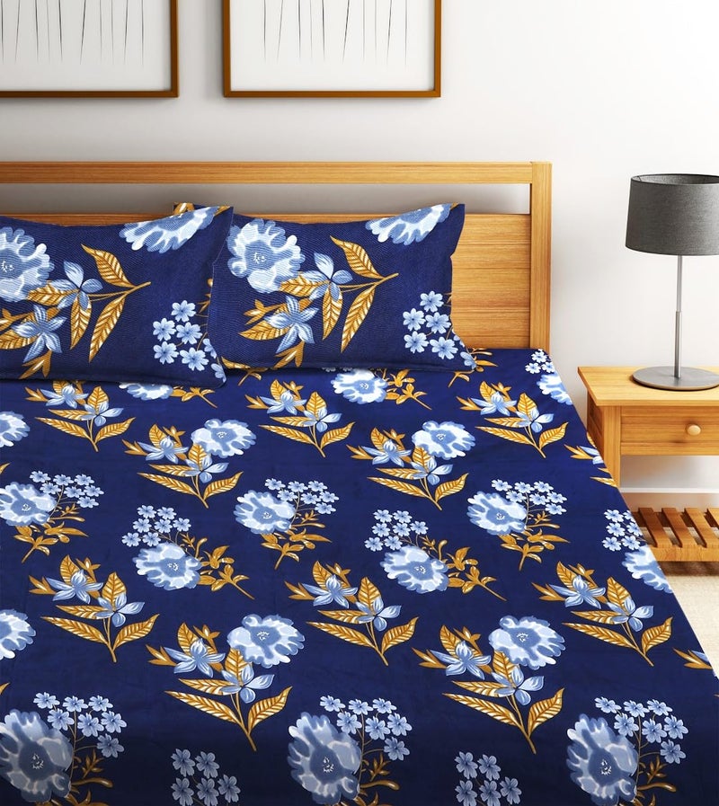 Fashion String 144TC Floral Lush Dark Blue Double Bedsheet with 2 Pillow Covers - Image 2