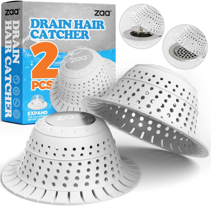 Zaa Bathtub Drain Hair Catcher  Premium Silicone Collapsible 2 Pack Drain Protector For Pop-Up And Regular Drains Of Shower  Bathtub  Tub  Bathroom  Sink  White - Image 1