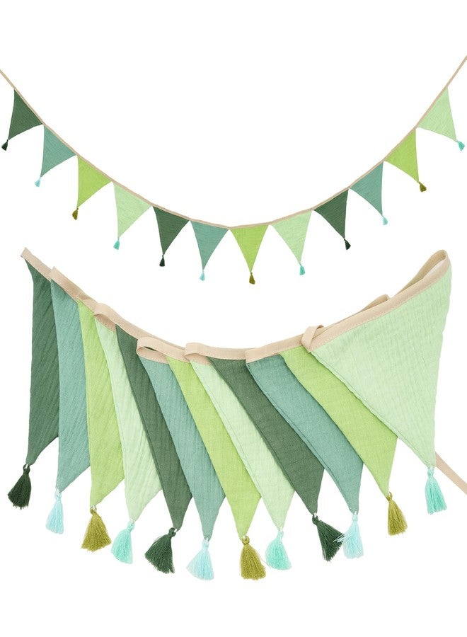 G2PLUS Cotton Fabric Bunting Banner, 9Ft Green Triangle Pennant Banner Flag, 12pcs Double-Sided Bunting Garland with Tassels for Birthday, Nursery, Baby Shower, Classroom Hanging Decor - Image 1