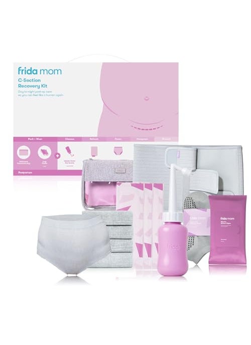 frida mom - Frida Mom C-Section Recovery Must Have Kit for Labor, Delivery, & Postpartum, Socks, Peri Bottle, Disposable Underwear, Abdominal Support Binder, Shower Wipes, Silicone Scar Patches, & Toiletry Bag - Image 1