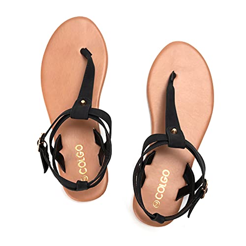 Colgo Thong Flat Sandals, Casual Women T-Strap Dress Sandals with Adjustable Ankle Buckle for Summer Wedding (Black/Sdl,8.5) - Image 4