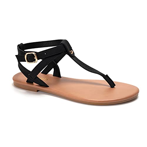 Colgo Thong Flat Sandals, Casual Women T-Strap Dress Sandals with Adjustable Ankle Buckle for Summer Wedding (Black/Sdl,8.5) - Image 1