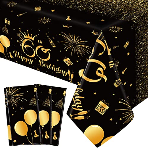 Remagr 3 Pack 60th Birthday Tablecloth Disposable Plastic 1965 Table Cover Rectangular Black and Gold Table Cloths for 60th Birthday Decorations Men Women 54 x 108 Inch