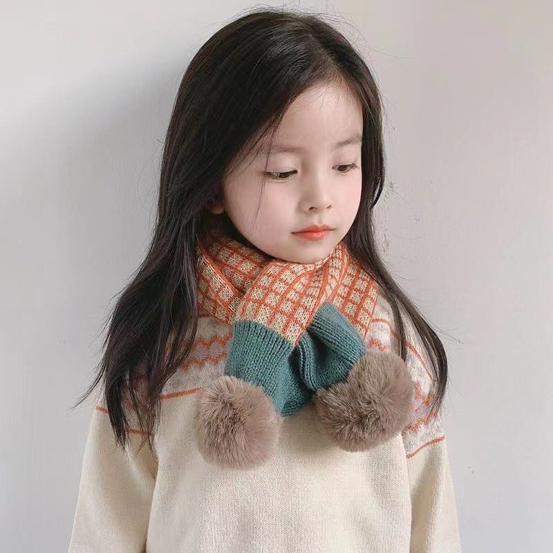 Korean-style winter Cross Children''s scarf boys and girls baby knitted Plaid fur ball soft thick warm fashionable scarf - Image 3
