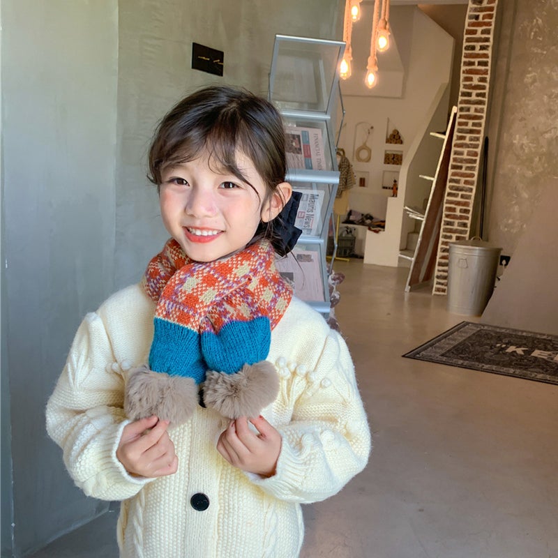 Korean-style winter Cross Children''s scarf boys and girls baby knitted Plaid fur ball soft thick warm fashionable scarf - Image 1