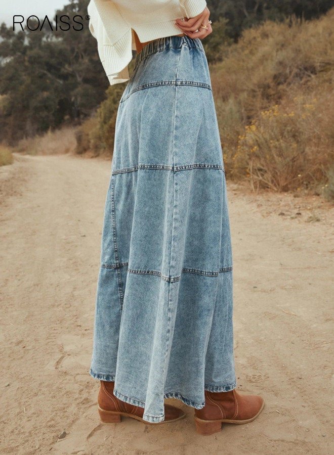roaiss High Waist Washed Denim Skirt, Women's A-Line Maxi Skirt, Layered Button-Embellished Bohemian Blue Tiered Skirt,Elastic Waist Casual Knee-Length Skirt Street Style - Image 2