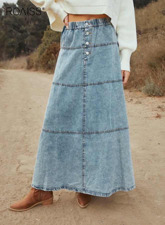 roaiss High Waist Washed Denim Skirt, Women's A-Line Maxi Skirt, Layered Button-Embellished Bohemian Blue Tiered Skirt,Elastic Waist Casual Knee-Length Skirt Street Style - Image 1