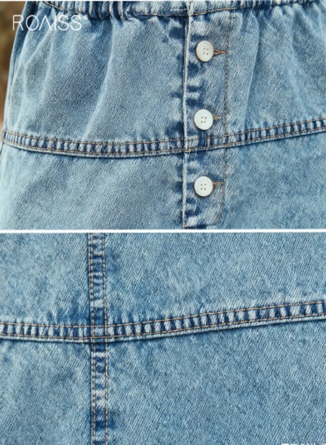roaiss High Waist Washed Denim Skirt, Women's A-Line Maxi Skirt, Layered Button-Embellished Bohemian Blue Tiered Skirt,Elastic Waist Casual Knee-Length Skirt Street Style - Image 4