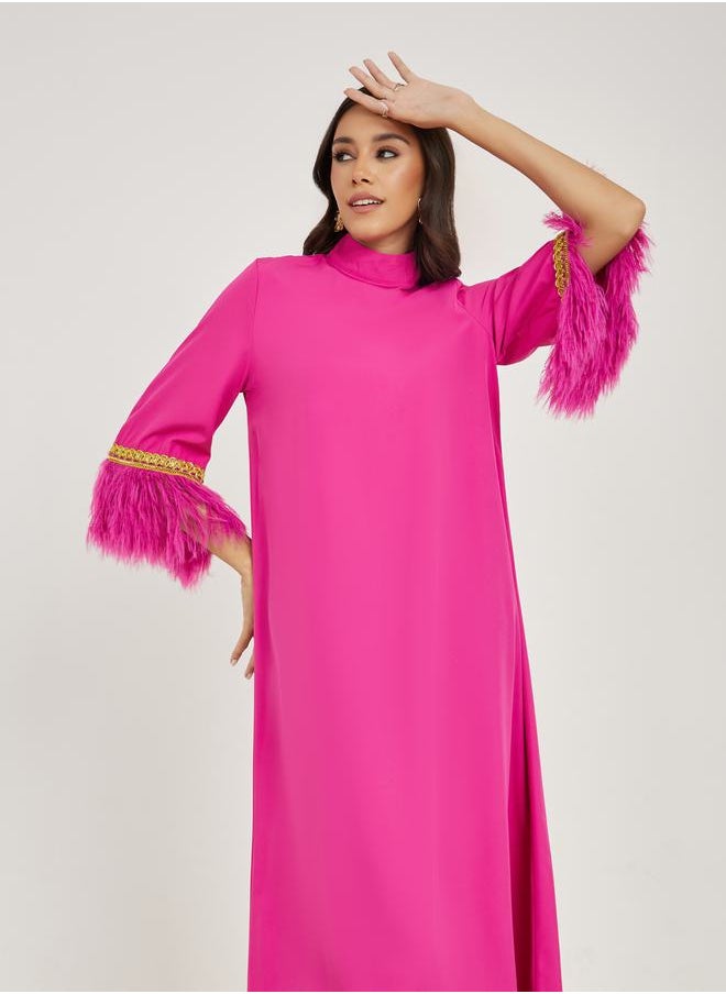 Styli - Faux Feather Trim Jalabiya with Lace Detail - Image 1