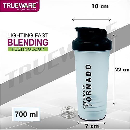 Trueware Tornado Gym Shaker With PP Blender Ball | Plastic | 700 ML | Black | Leak Proof | Ideal for Protein | Preworkout and BCAAs, BPA Free | Ideal Workout Thender for Fitness Lovers - Image 2