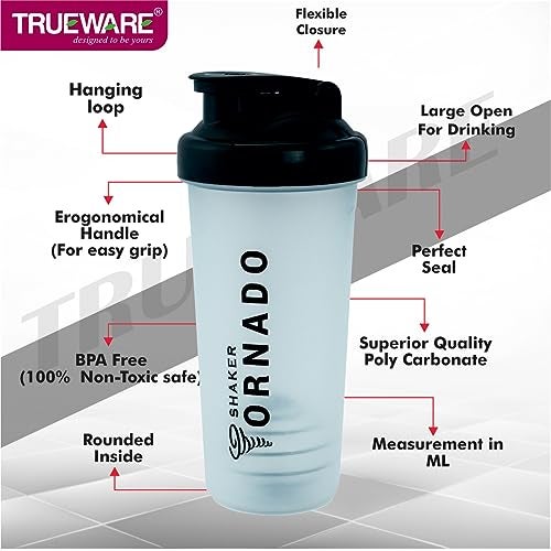 Trueware Tornado Gym Shaker With PP Blender Ball | Plastic | 700 ML | Black | Leak Proof | Ideal for Protein | Preworkout and BCAAs, BPA Free | Ideal Workout Thender for Fitness Lovers - Image 3