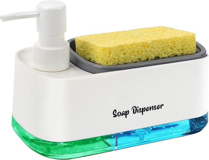 MeRaYo Plastic Soap Dispenser For Kitchen Handwash Dispenser & Dish Wash Dispenser Liquid Soap Dispenser For Kitchen Sink With Sponge Holder, White - Image 1