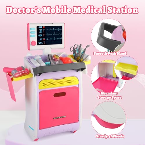 deAO Doctor Kit for Toddlers 35 Kids Doctors Pretend Play Set Role Play Toys with Cart Costume Stethoscope and Thermometer Christmas Birthday Gift for Girls Boys Pink - Image 5