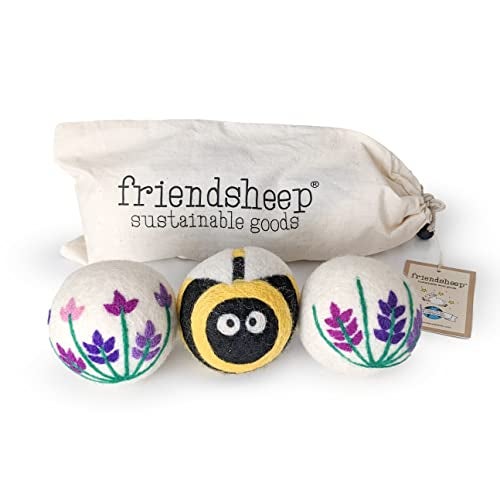 Friendsheep كرات تجفيف الصوف من فريندشيب، بديل عضوي لإضافات الأقمشة القابلة لإعادة الاستخدام للغسيل، مصنوعة يدويًا، تجارة عادلة، مضادة للحساسية، صديقة للبيئة، خالية من البلاستيك (3 عبوة XL - حقول اللافندر وزهرة النحل) - Image 1