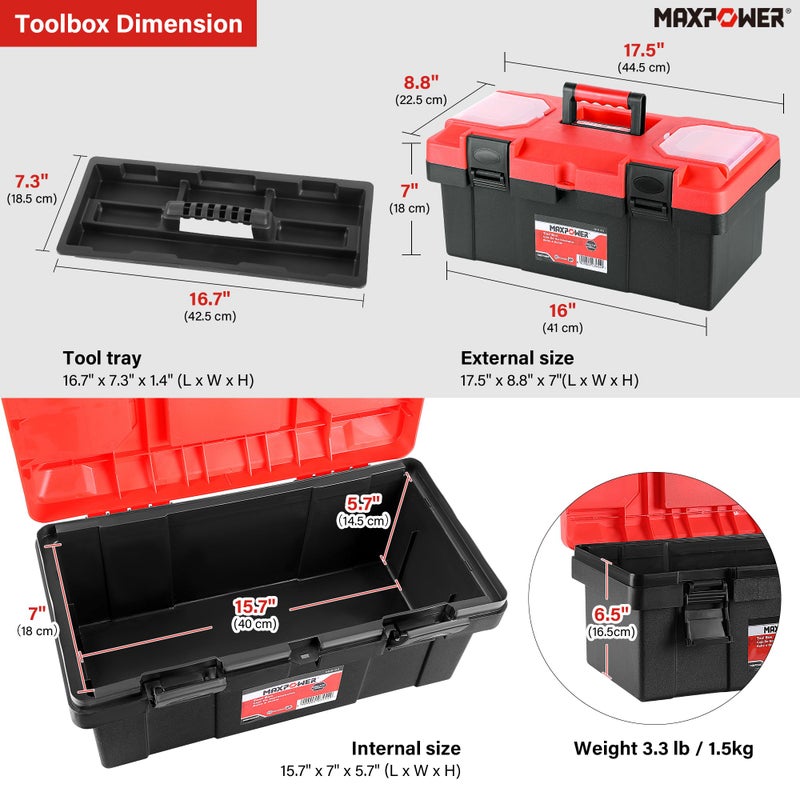 MAXPOWER 17 inch Tool Box, Small Plastic Toolbox with Handle, Removable Tray and Lockable Latches - Image 2