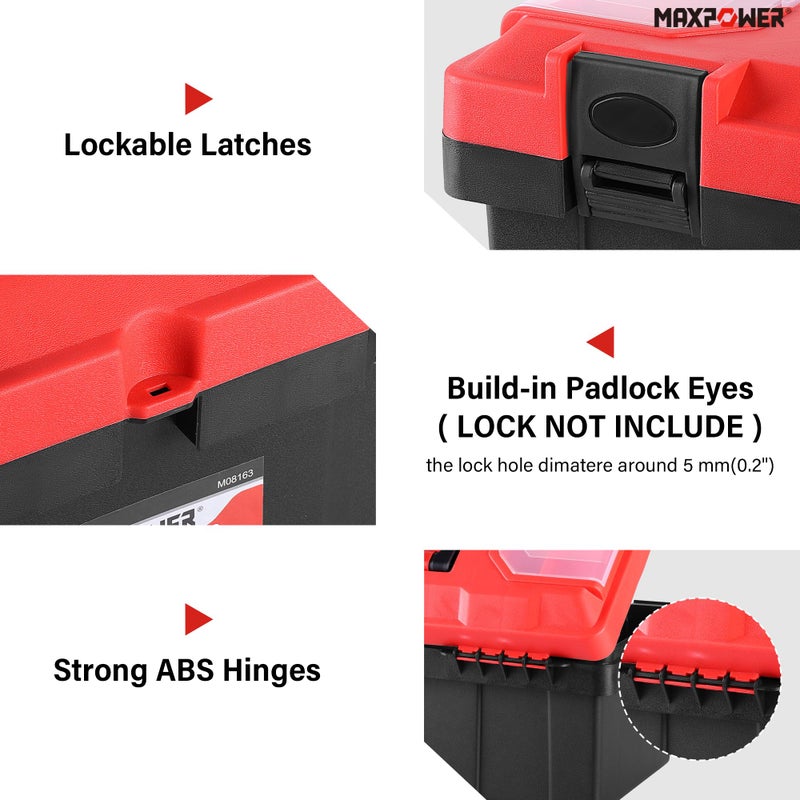 MAXPOWER 17 inch Tool Box, Small Plastic Toolbox with Handle, Removable Tray and Lockable Latches - Image 3