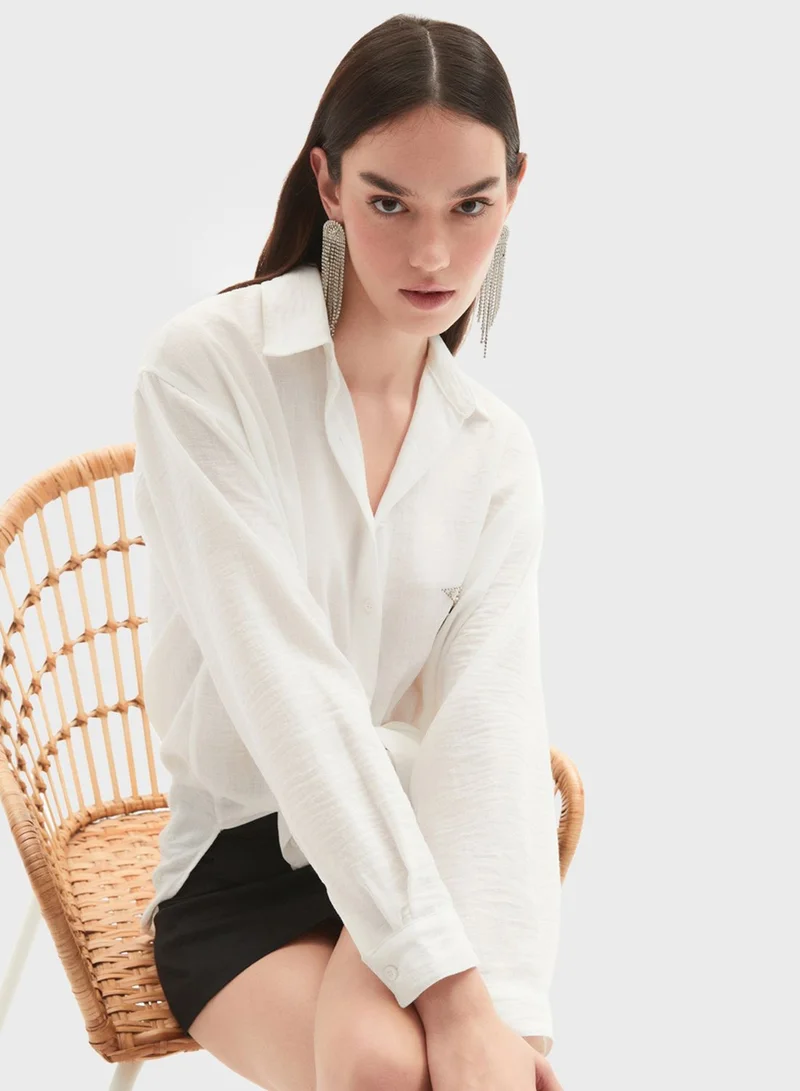 JUNE Embroidered Detail Button Down Shirt