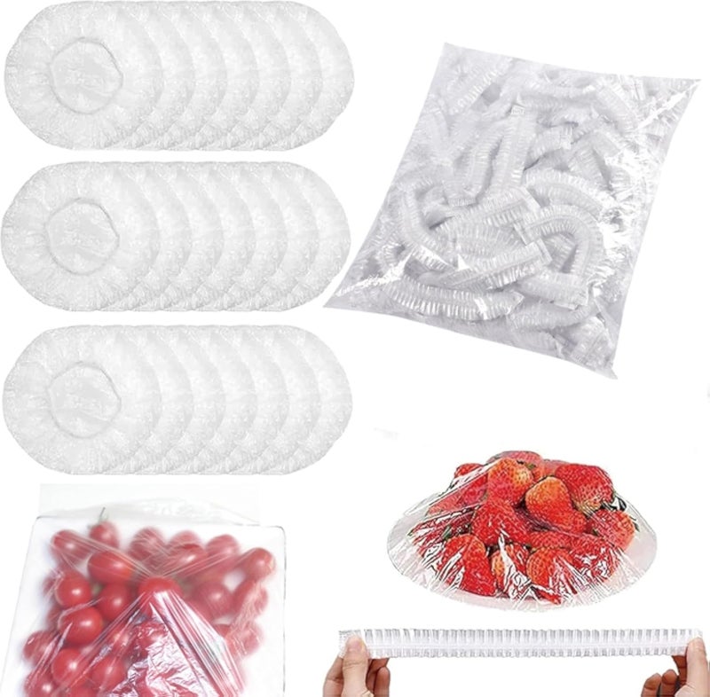 عبوة من 300 غلاف بلاستيكي لاصق، أغطية طعام، غلاف بلاستيكي لاصق بشريط مطاطي، أكياس تخزين طعام، أغطية، موزع غلاف بلاستيكي لاصق، غطاء مانع للذباب للطعام