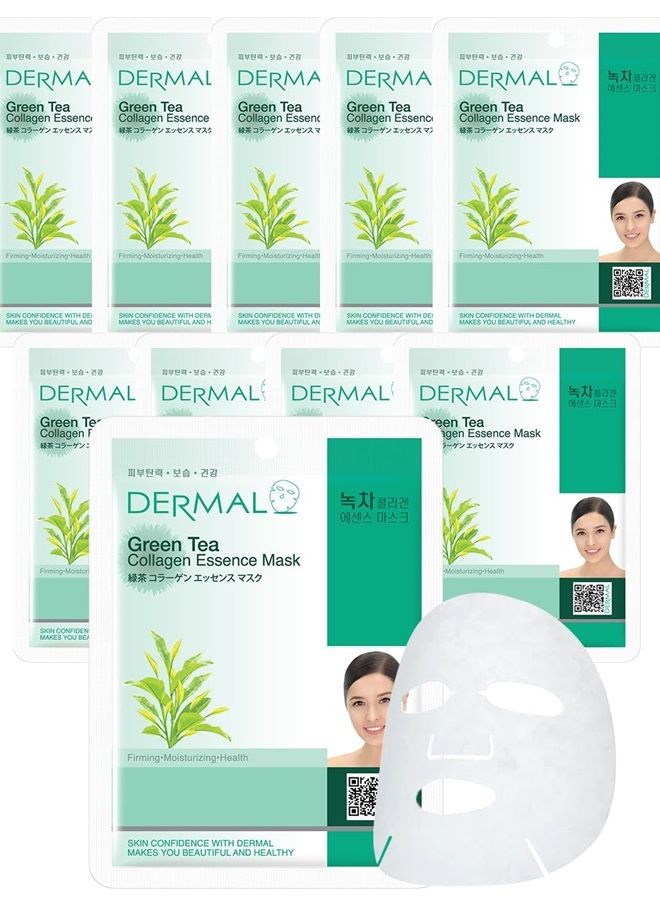 DERMAL Green Tea Collagen Essence Korean Face Mask 10 Sheet - Revitalizing & Refreshing - for Redness, Sensitive & Acne-Prone Skin, Korean Skincare Face Mask Sheet  - Image 1