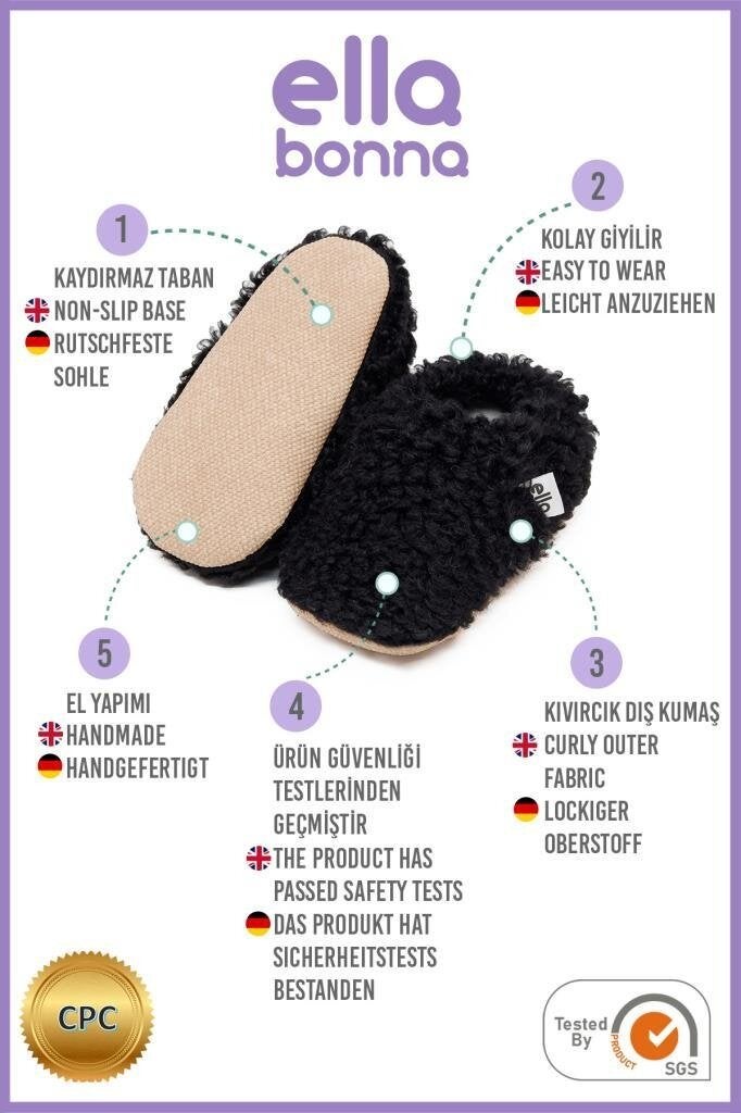 Ella Bonna Teddy Baby Slippers Home Booties, Non-Slip Sole, Organic Cotton Lining Nursery Shoes, Black - Image 3