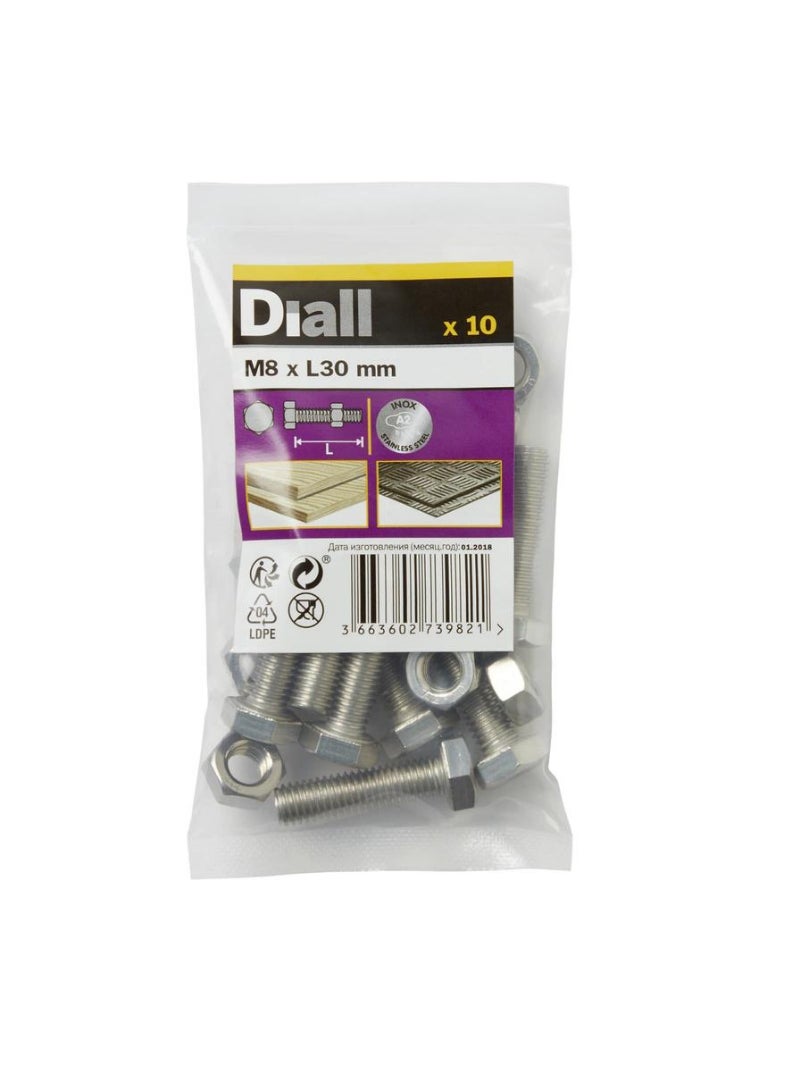 ACE Diall Stainless Steel Hex Nut And Bolt Pack M8 x 30mm 10Pcs