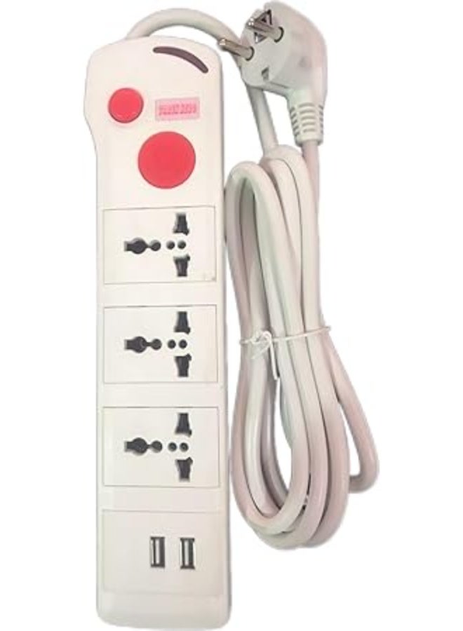 Large, stylish power strip with 3 outlets, USB port, and a 3-meter 220V white cable.