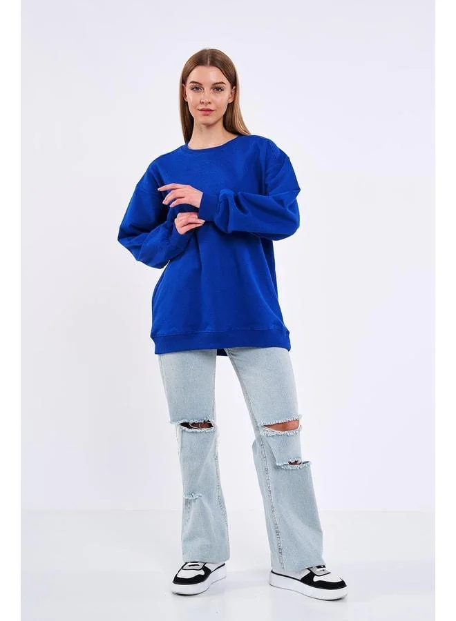 Mmetalic Cobalt Blue Women’s Cotton Oversized Basic Crewneck Sweatshirt