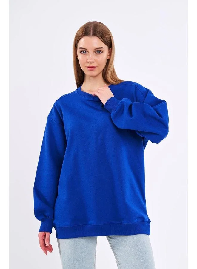 Mmetalic Cobalt Blue Women’s Cotton Oversized Basic Crewneck Sweatshirt