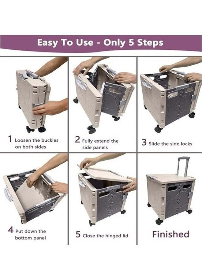 RollsTimi  Foldable Rolling Cart With 4 Rotate Brakeable Wheels And Telescopic Handle,Beige - Image 3