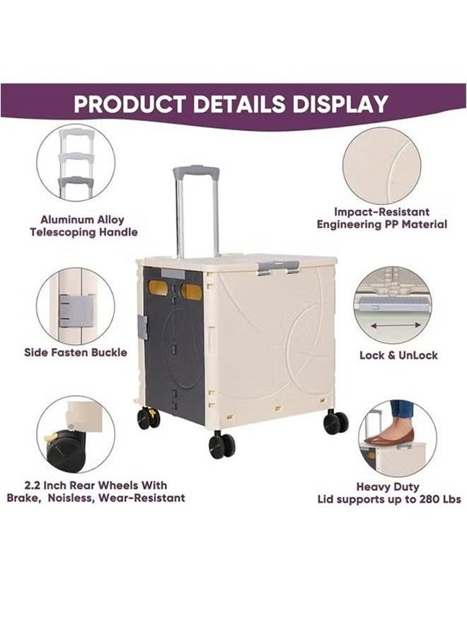 RollsTimi  Foldable Rolling Cart With 4 Rotate Brakeable Wheels And Telescopic Handle,Beige - Image 2