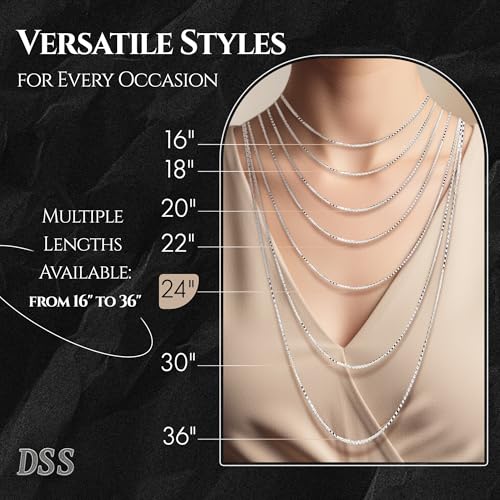 Designer Sterling Silver DSS 925 Sterling Silver Necklace for Women, Box Chain 1mm, Lobster Claw Clasps, Sterling Silver Chain, Italian Jewelry for Women, 24in - Image 2