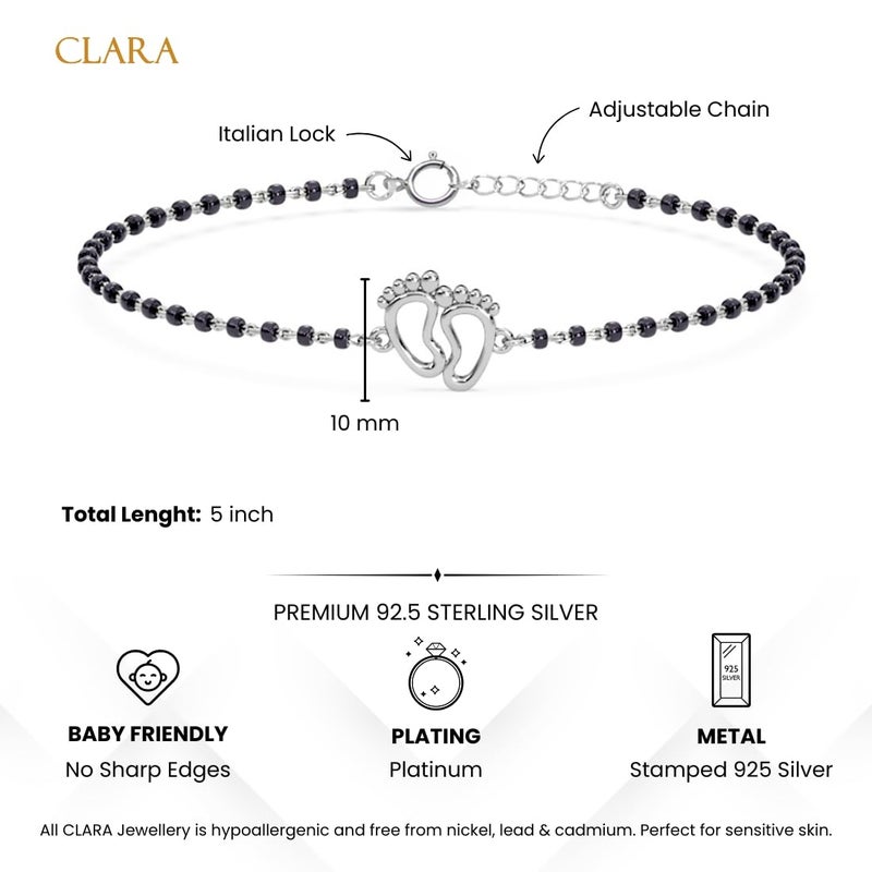 CLARA 925 Sterling Silver Baby Nazariya Kids Footprint Bracelet With Black Beads | New Born to 1 Year | Length 5 inch, Adjustable | Gift For Baby Boys and Girls - Image 3