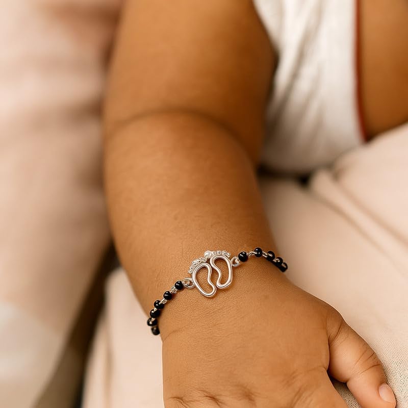 CLARA 925 Sterling Silver Baby Nazariya Kids Footprint Bracelet With Black Beads | New Born to 1 Year | Length 5 inch, Adjustable | Gift For Baby Boys and Girls - Image 2