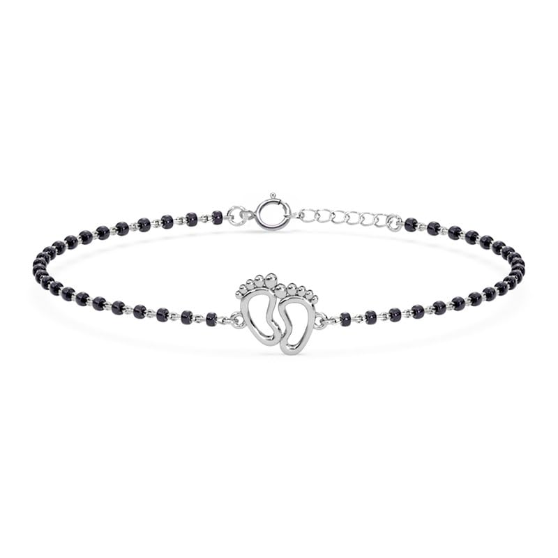 CLARA 925 Sterling Silver Baby Nazariya Kids Footprint Bracelet With Black Beads | New Born to 1 Year | Length 5 inch, Adjustable | Gift For Baby Boys and Girls - Image 1