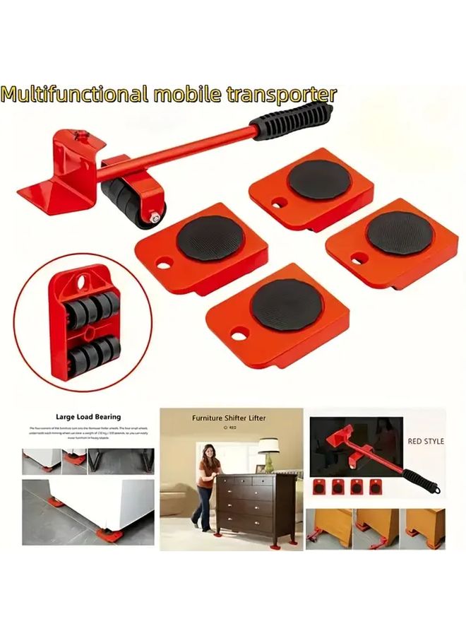 مجموعة من 5 قطع من منزلقات الأثاث المتينة بمقابض معدنية وعجلات حمراء وقاعدة دوارة 360 درجة - Image 2