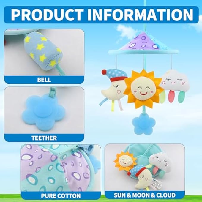 BABY STROLLER TOY FOR PACK N PLAY, CAR SEAT TOYS WITH SOFT HANGING RATTLE FOR 0 MONTHS & UP (SKY) - Image 2