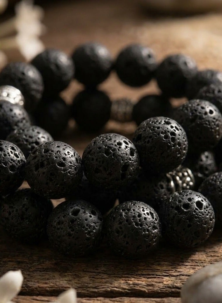 سبحة من حجر اللافا الأسود 33 حبة مقاس 10 مم  مع كيس من الجوت هدية - Image 4