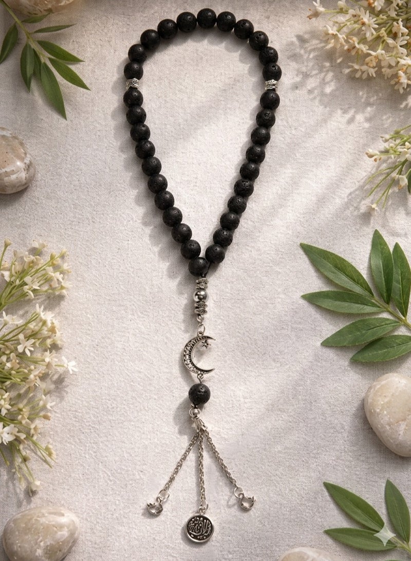 سبحة من حجر اللافا الأسود 33 حبة مقاس 10 مم  مع كيس من الجوت هدية - Image 5