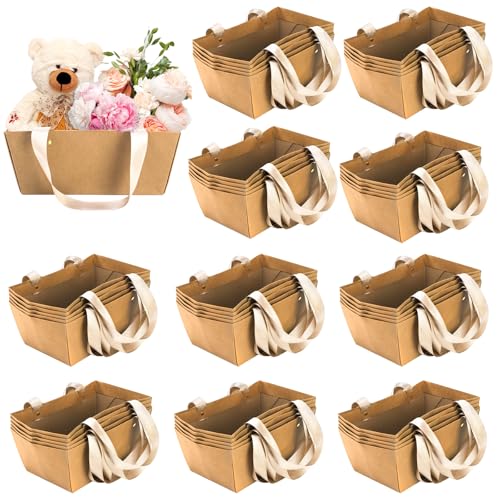 Cedilis 50 Pack Kraft Gift Basket with Handles 98 x 65 x 43 Empty Paper Basket for Party Gifts Anniversary Wedding Easter Crafts Brown - Image 2