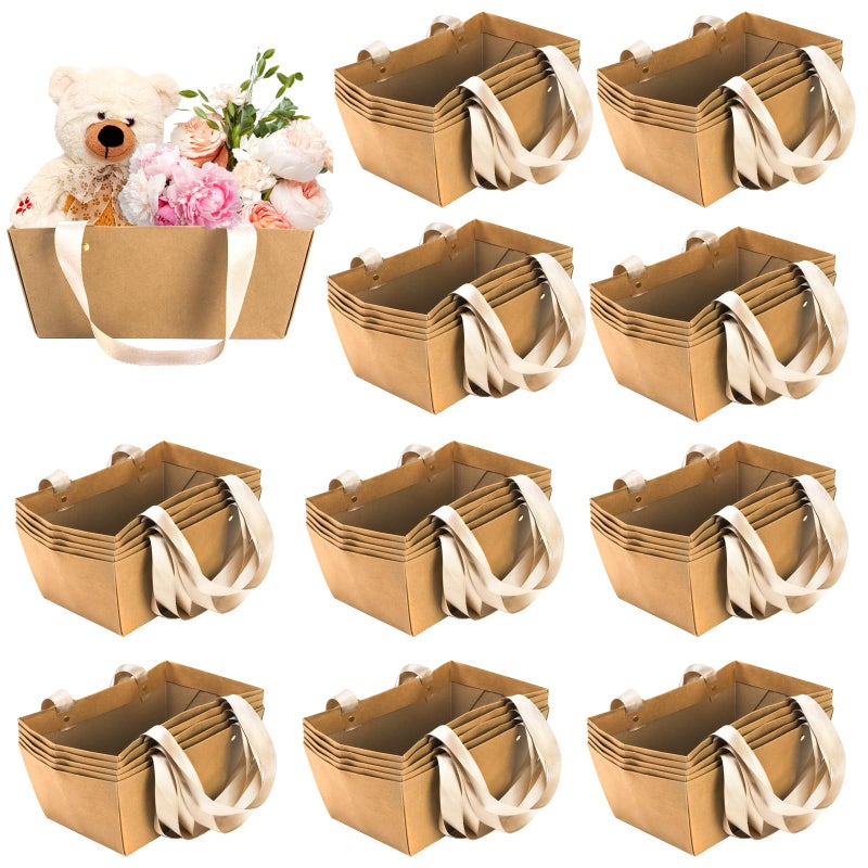 Cedilis 50 Pack Kraft Gift Basket with Handles 98 x 65 x 43 Empty Paper Basket for Party Gifts Anniversary Wedding Easter Crafts Brown - Image 3