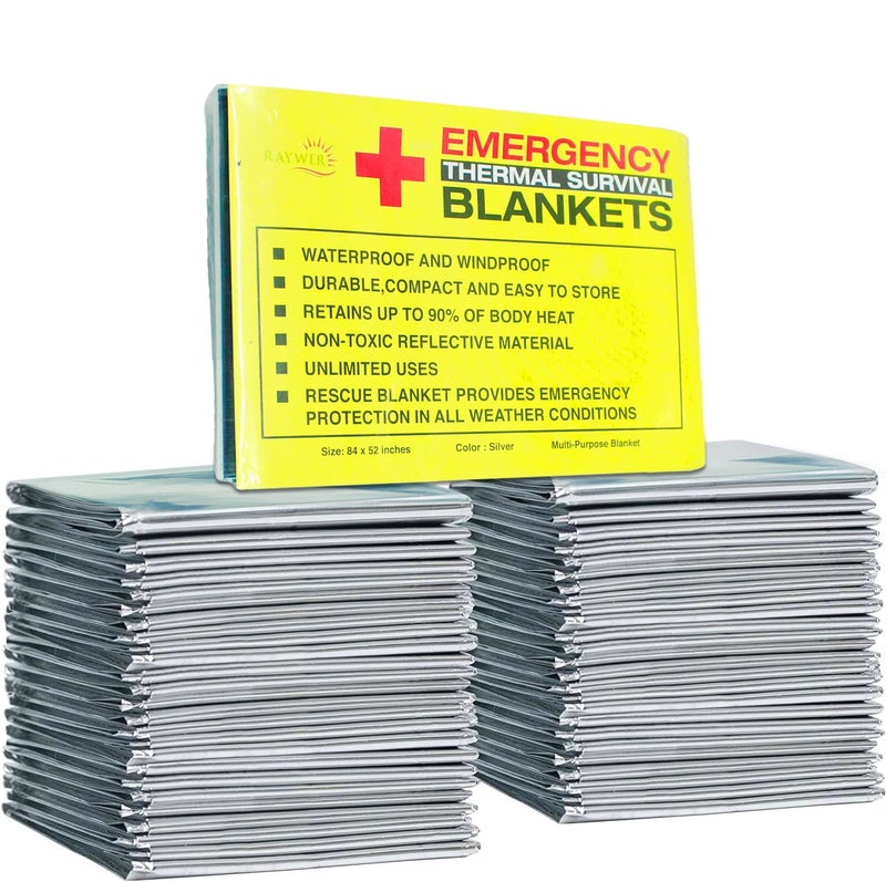 RAYWER (4 Pack Emergency Thermal Survival Blankets, Mylar Blankets for Outdoor, Camping, Hiking, Survival, Large Silver Thermal Sheets, Heavy Duty Gear (4 pcs, Size 84x52) - Image 1