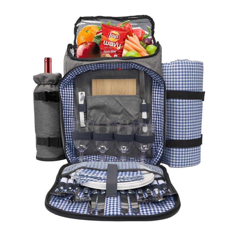 Nature Gear Large Picnic Backpack Insulated Bag with Detachable Wine Cooler  Picnic Blanket Includes Dinnerware Set for 4  Picnic Accessories Waterproof Outdoor Travel Backpack for Beach Blue