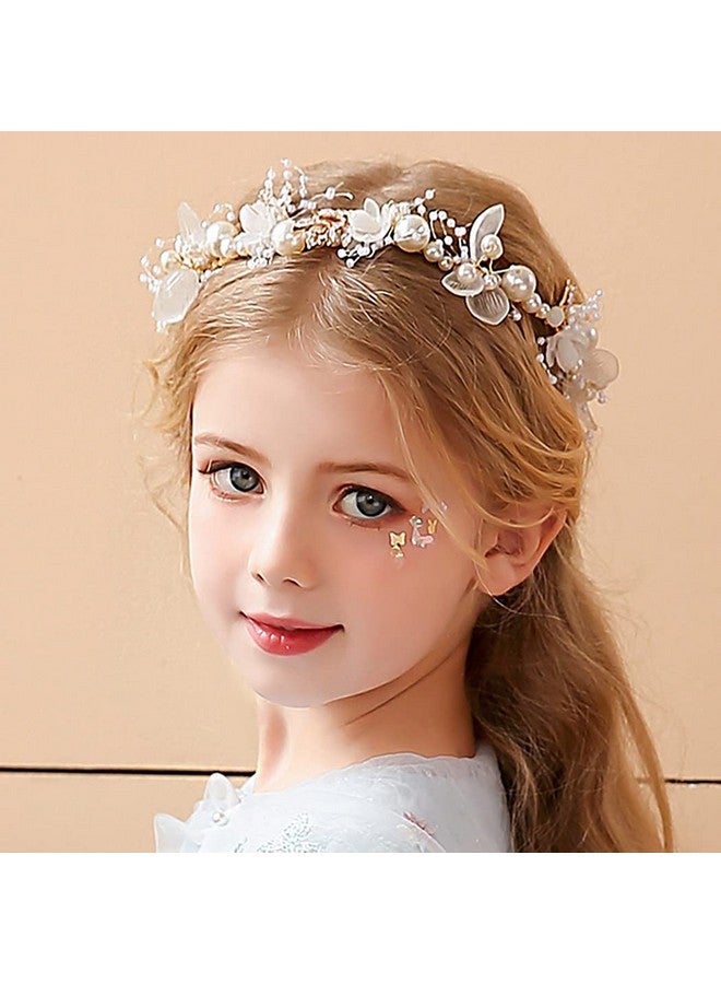 Campsis Princess Flower Crystal Headpiece Rhinestone Pearl Headband Alloy Floral Bridal Hair Accessories Communion Wedding Prom Photography For Girls And Women (Gold) - Image 3