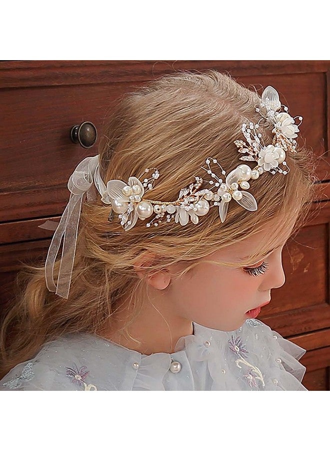 Campsis Princess Flower Crystal Headpiece Rhinestone Pearl Headband Alloy Floral Bridal Hair Accessories Communion Wedding Prom Photography For Girls And Women (Gold) - Image 2