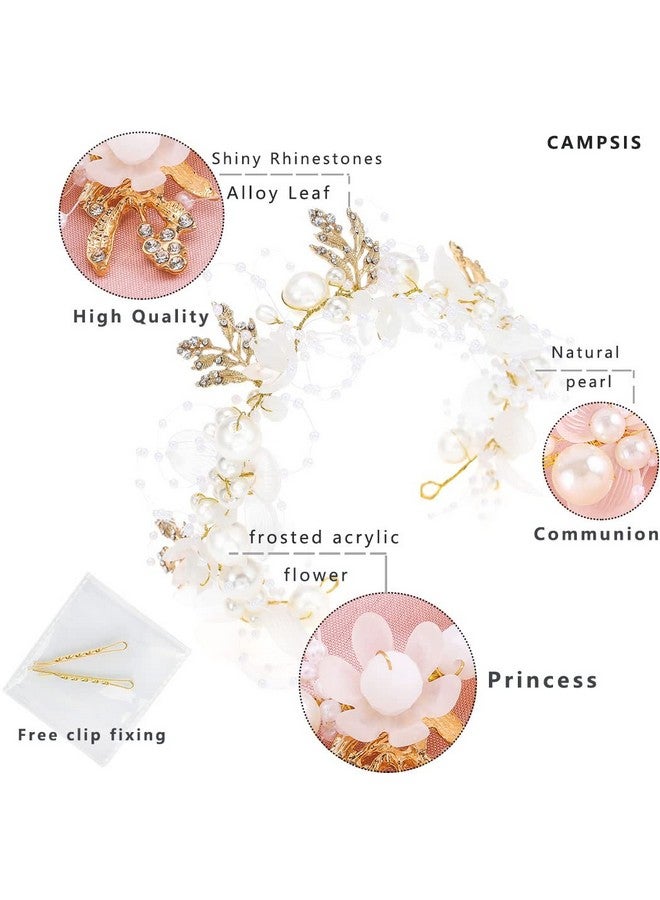 Campsis Princess Flower Crystal Headpiece Rhinestone Pearl Headband Alloy Floral Bridal Hair Accessories Communion Wedding Prom Photography For Girls And Women (Gold) - Image 5