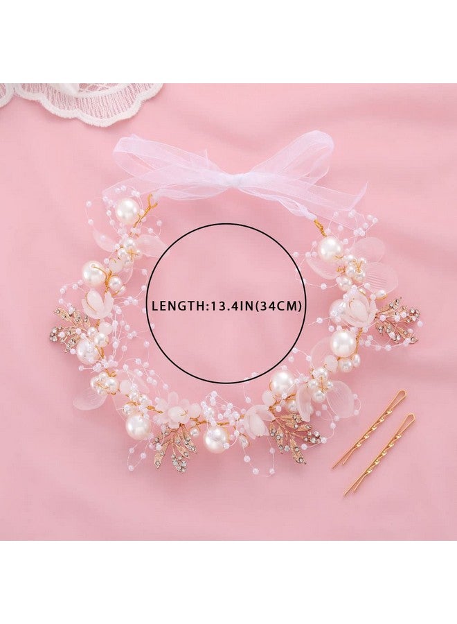 Campsis Princess Flower Crystal Headpiece Rhinestone Pearl Headband Alloy Floral Bridal Hair Accessories Communion Wedding Prom Photography For Girls And Women (Gold) - Image 4