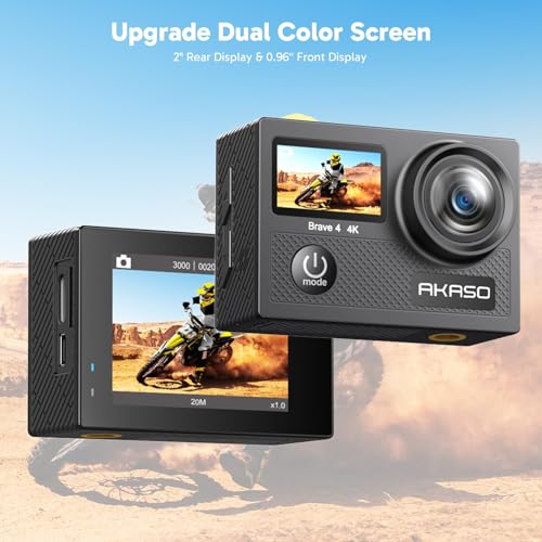 AKASO Brave 4 Action Camera with Selfie Stick Tripod and Carrying Case Bundle 4K30 20MP Ultra Hd EIS 131ft Underwater Camera 5xZoom Dual Screen with Helmet and Bicycle Accessories Kit - Image 3