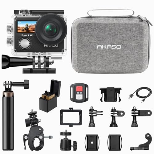 AKASO Brave 4 Action Camera with Selfie Stick Tripod and Carrying Case Bundle 4K30 20MP Ultra Hd EIS 131ft Underwater Camera 5xZoom Dual Screen with Helmet and Bicycle Accessories Kit - Image 1